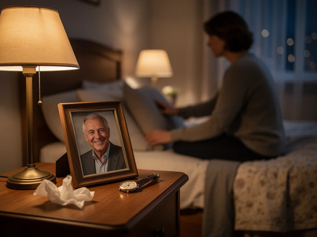 Osoba na łóżku nocą delikatnie dotyka zdjęcia zmarłego ojca na szafce nocnej, w ciepłym, nostalgicznym świetle lampki