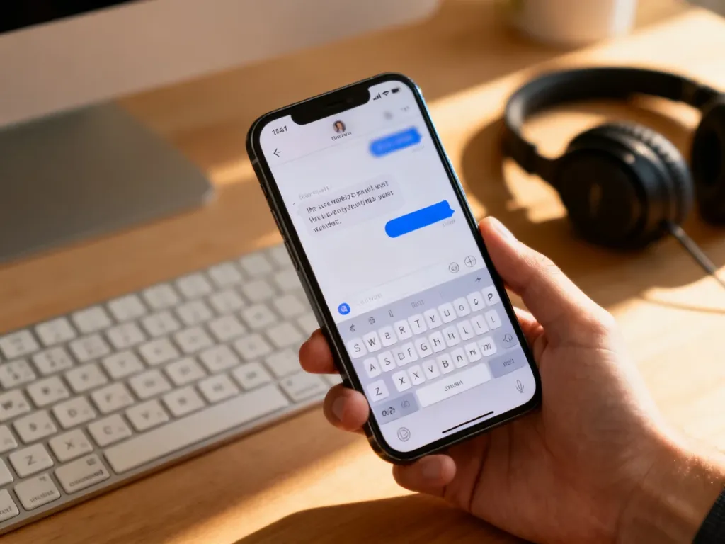 Smartfon z otwartym czatem internetowym na biurku, symbolizujący rozmowy online i popularne skróty typu „idk”.