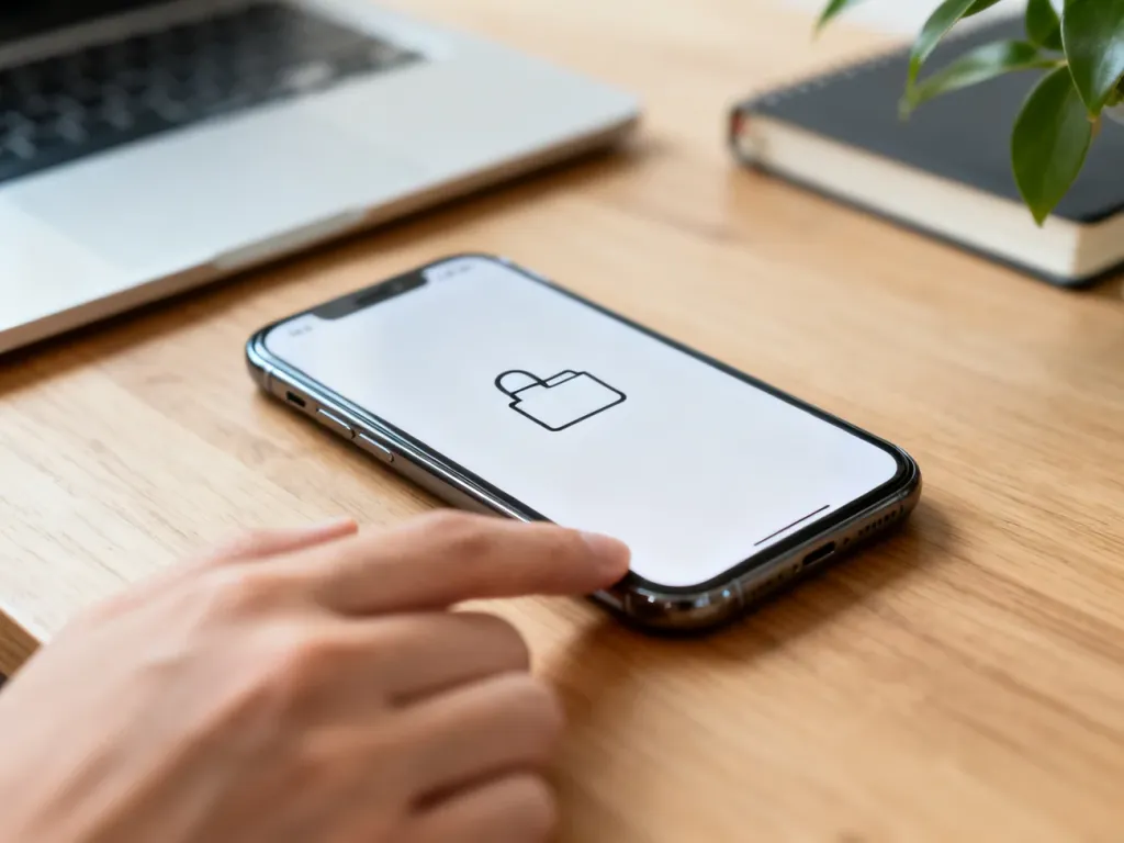 Smartfon na biurku z ikoną folderu/kłódki na ekranie, symbolizującą schowek i ukryte pliki w telefonie
