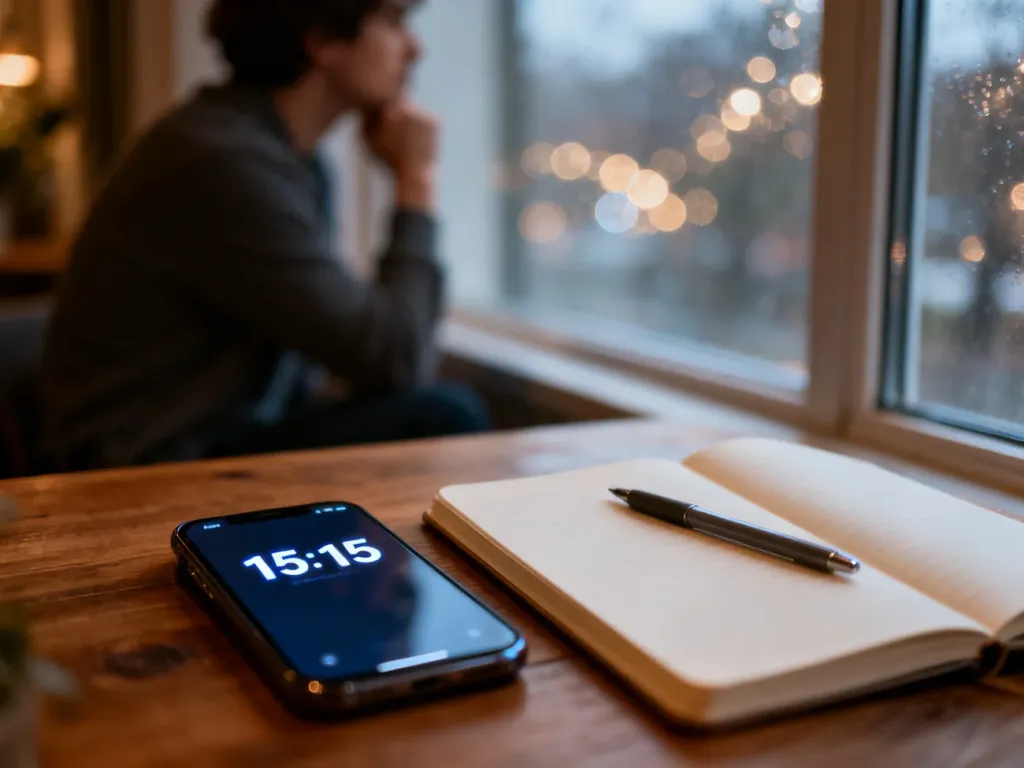 Smartfon z godziną 15:15 obok notesu, w tle zamyślona osoba przy oknie, nastrój refleksji i tajemniczości liczby 1515