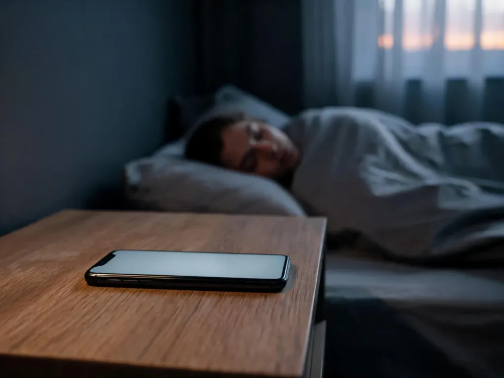 Smartfon świecący lekko na stoliku nocnym obok śpiącej osoby, w sypialni o tajemniczym, wieczornym oświetleniu.