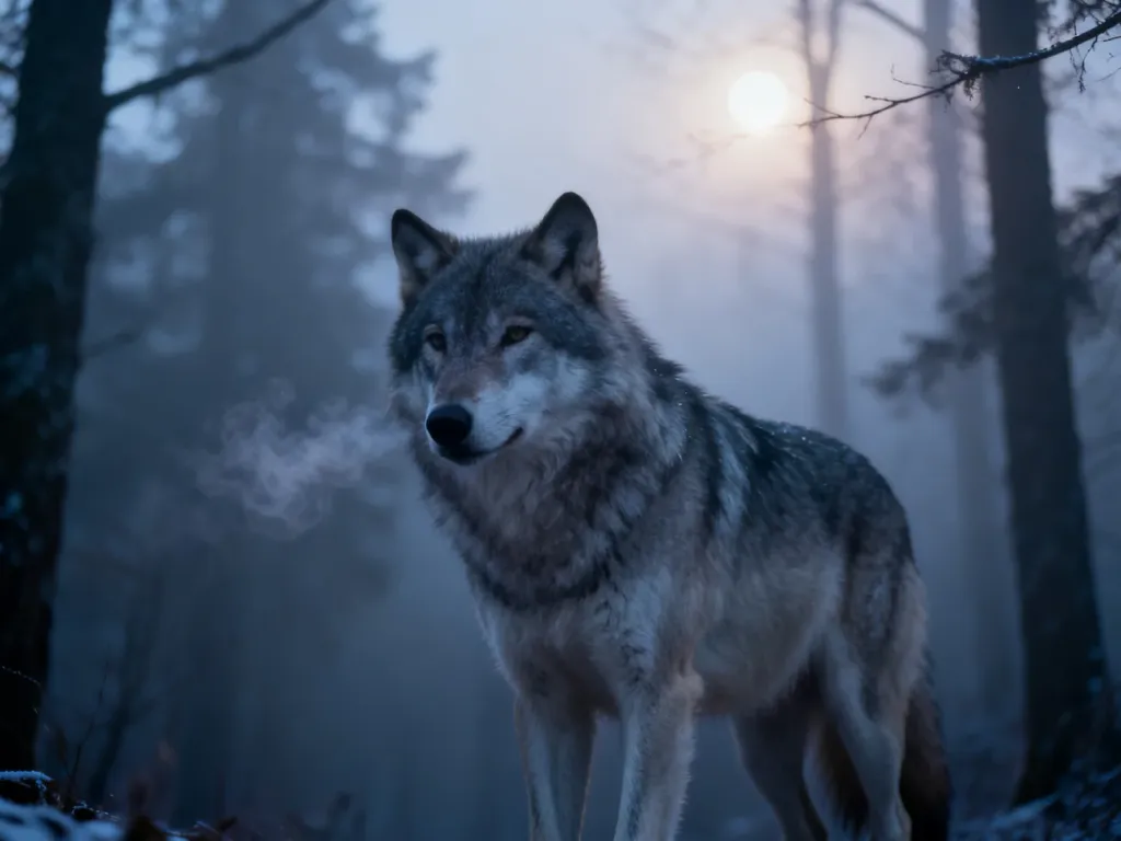 Samotny wilk o świcie w mglistym lesie, spokojny, lecz czujny, w onirycznej, tajemniczej atmosferze snu.